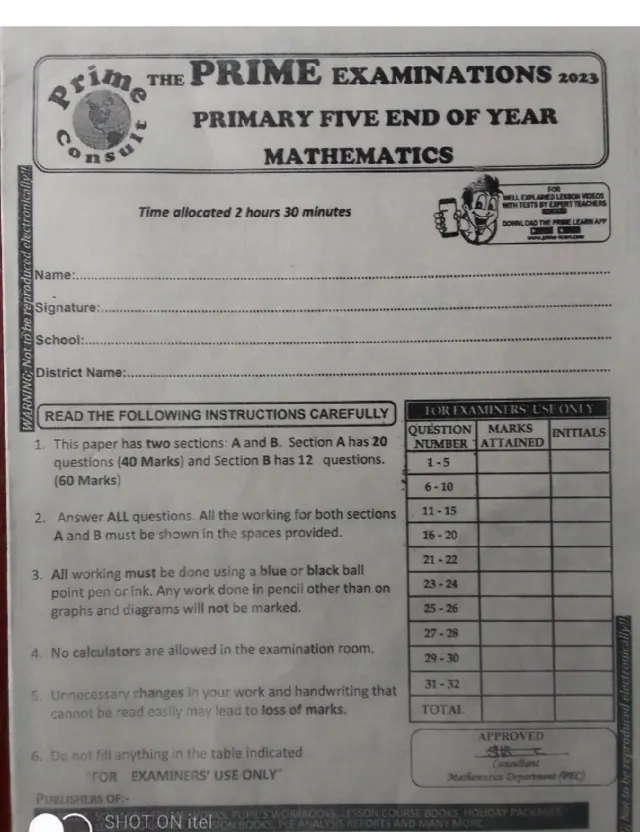 Cover of Primary Five End-of-Year Mathematics Examination (P5 Mathematics Past Paper)