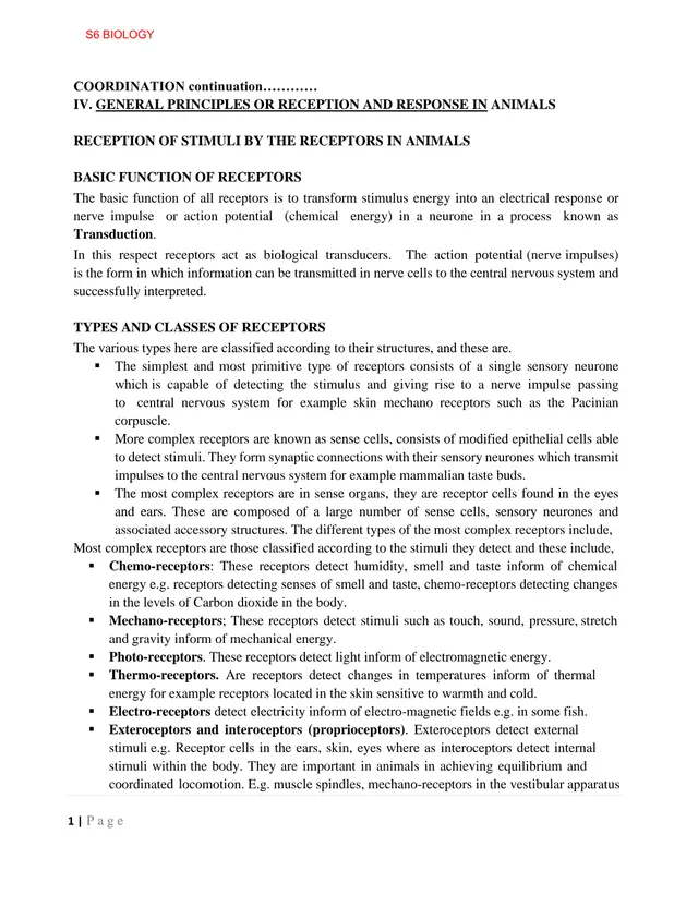 Cover of Reception and Response in Animals: General Principles – S6 Biology Notes (S6 Biology Notes)