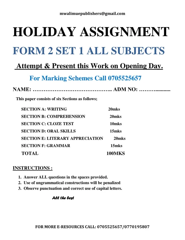Cover of Form 2 Holiday Assignment Set 1: All Subjects (English, Kiswahili, Mathematics, Chemistry and more) (S2 Scheme of Work)