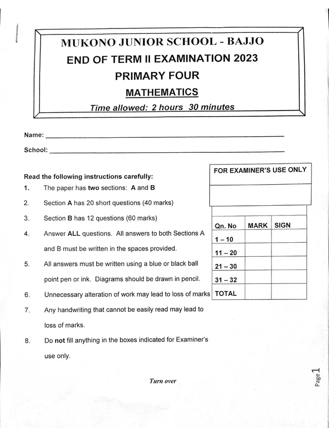 Cover of P4 Mathematics End of Term 2 Exam 2023 – Mukono Junior School Bajjo (Cover Page) (P4 Mathematics Past Paper)