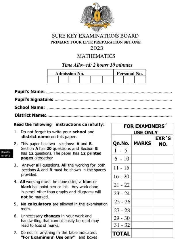 Cover of Primary 4 Mathematics LPTE Preparation Exam Set 1 (2023) (P4 Mathematics Past Paper)