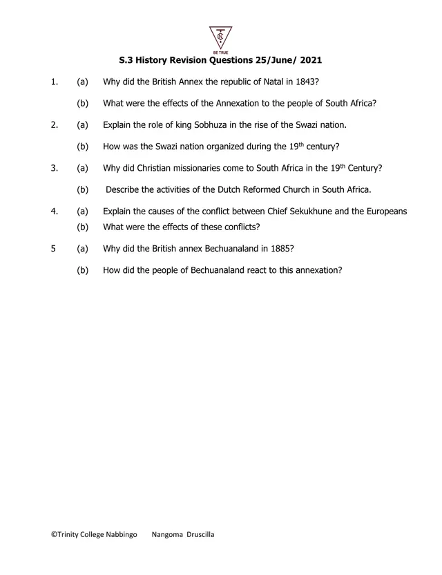 Cover of S3 History Revision Questions: Southern Africa, 25 June 2021 (S3 History Revision Material)