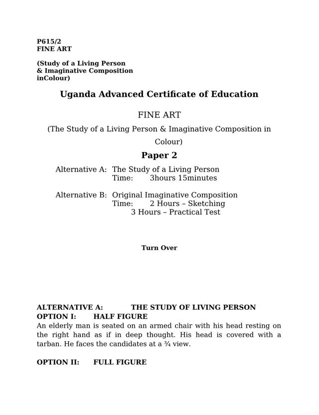 Cover of UACE Fine Art Paper 2 (P615/2): Study of a Living Person & Imaginative Composition (S6 Fine Art Past Paper)