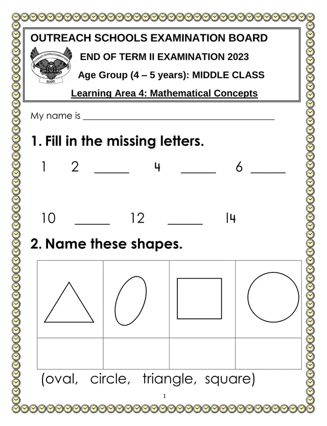 Cover of Middle Class Mathematical Concepts End of Term II Exam 2023 – Outreach Schools (Middle Mathematics Past Paper)