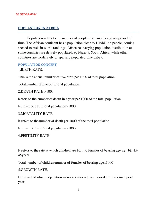 Cover of Population in Africa – S3 Geography Notes (S3 Geography Notes)
