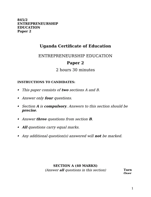 Cover of UCE Entrepreneurship Education Paper 2 (845/2) Examination Paper (S4 Entrepreneurship Past Paper)