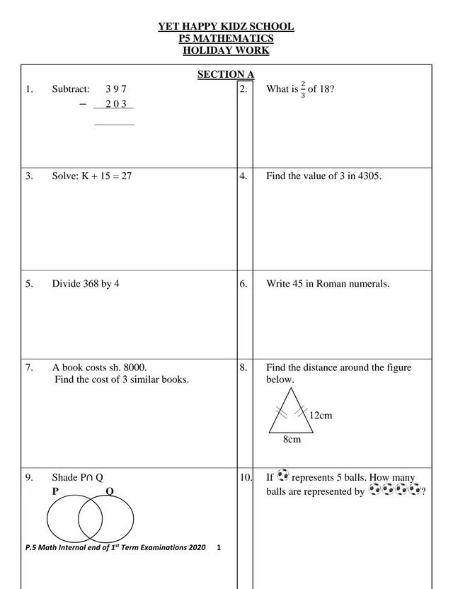 Cover of P5 Mathematics Term 1 Holiday Work and Examination Questions (2020) (P5 Mathematics Past Paper)