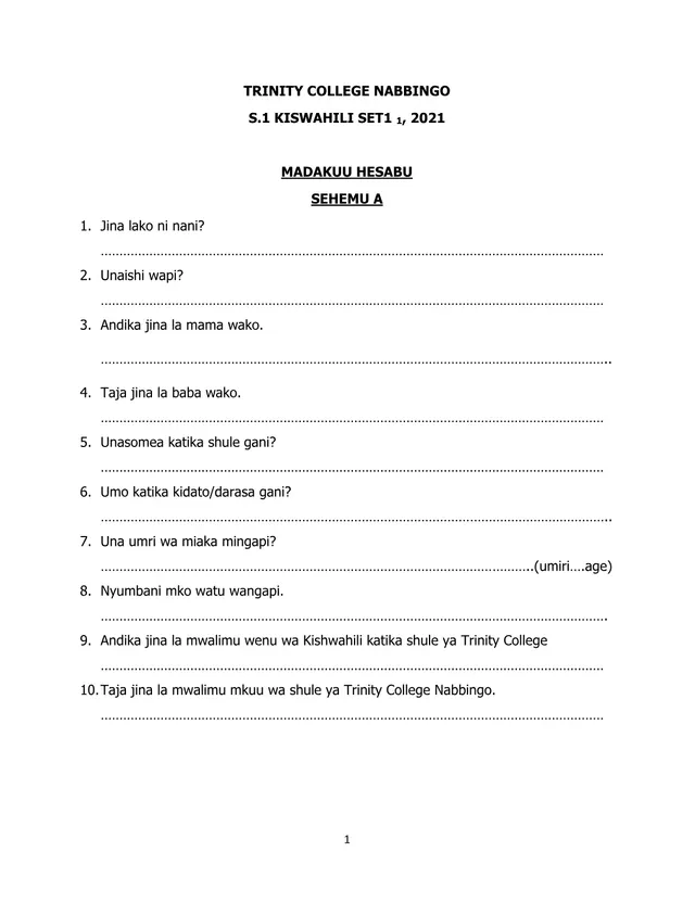 Cover of Senior 1 Kiswahili Activities: Numbers, Dates and Time (S1 Kiswahili Activity)