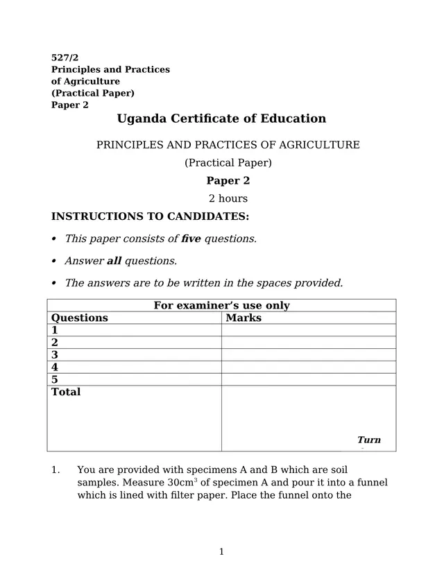 Cover of UCE Principles and Practices of Agriculture Paper 2 (527/2) Practical Paper (S4 Agriculture Past Paper)