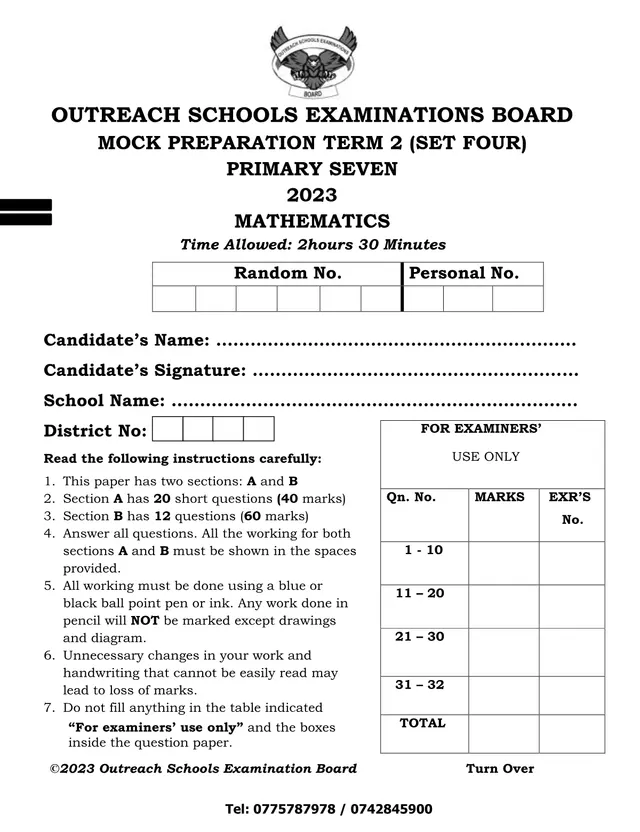 Cover of Primary Seven Mathematics Mock Preparation Paper Set 4, Term 2 2023 (P4 Mathematics Past Paper)