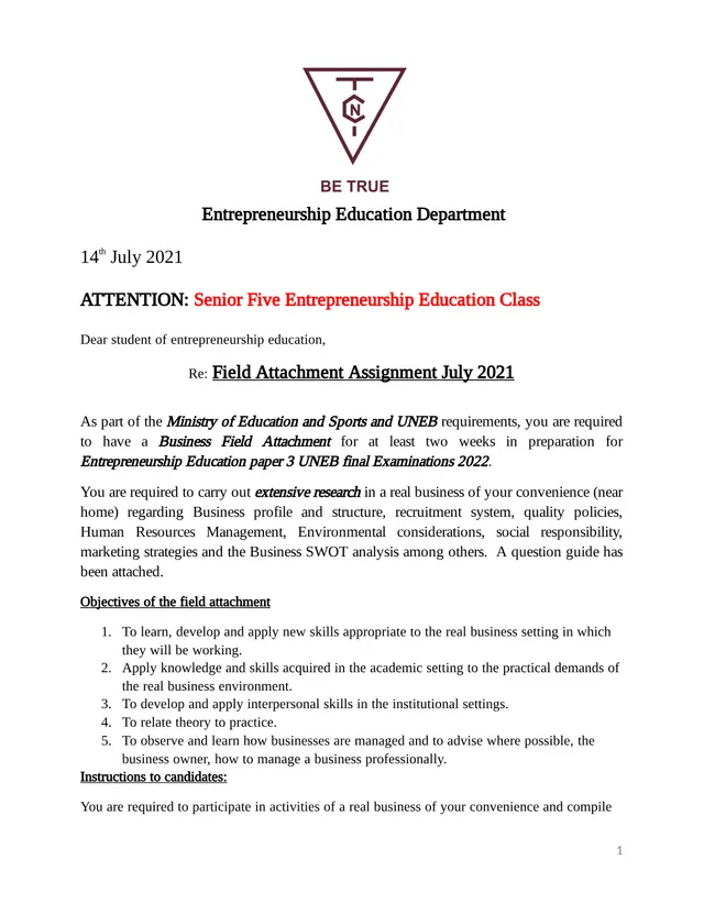 Cover of Senior 5 Entrepreneurship Field Attachment Assignment, July 2021 (S5 Entrepreneurship Past Paper)