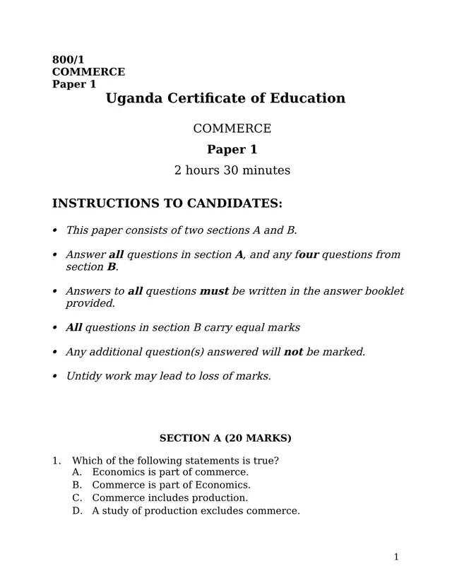 Cover of UCE Commerce Paper 1 (800/1) Examination Paper (S4 Economics Past Paper)