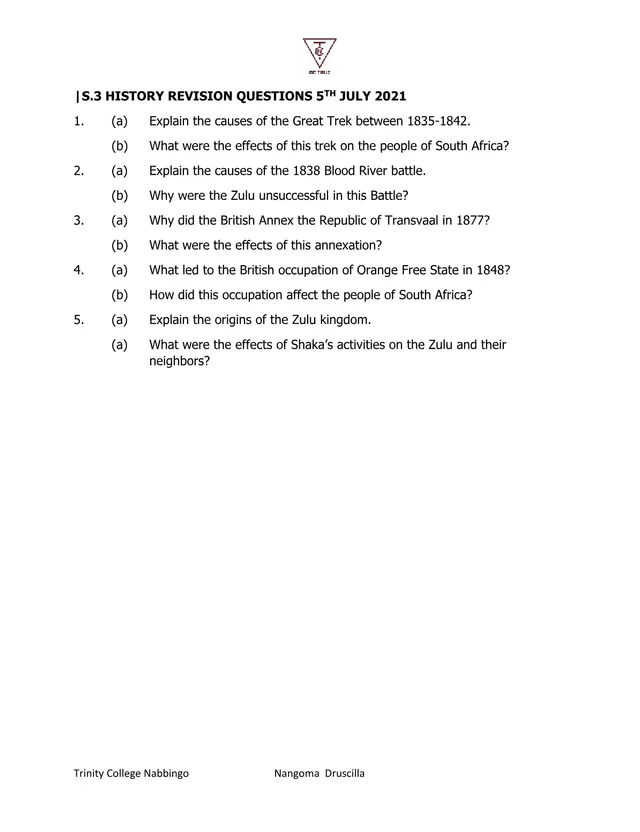 Cover of S3 History Revision Questions: South African History, 5 July 2021 (S3 History Revision Material)
