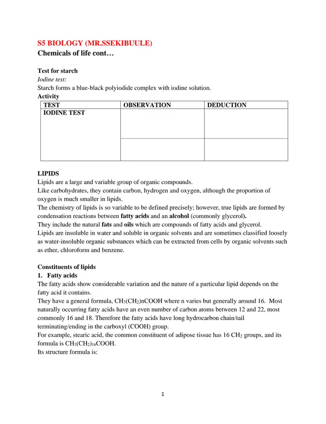 Cover of Chemicals of Life (Continued): Lipids and Steroids – S5 Biology Notes (S5 Biology Revision Test)