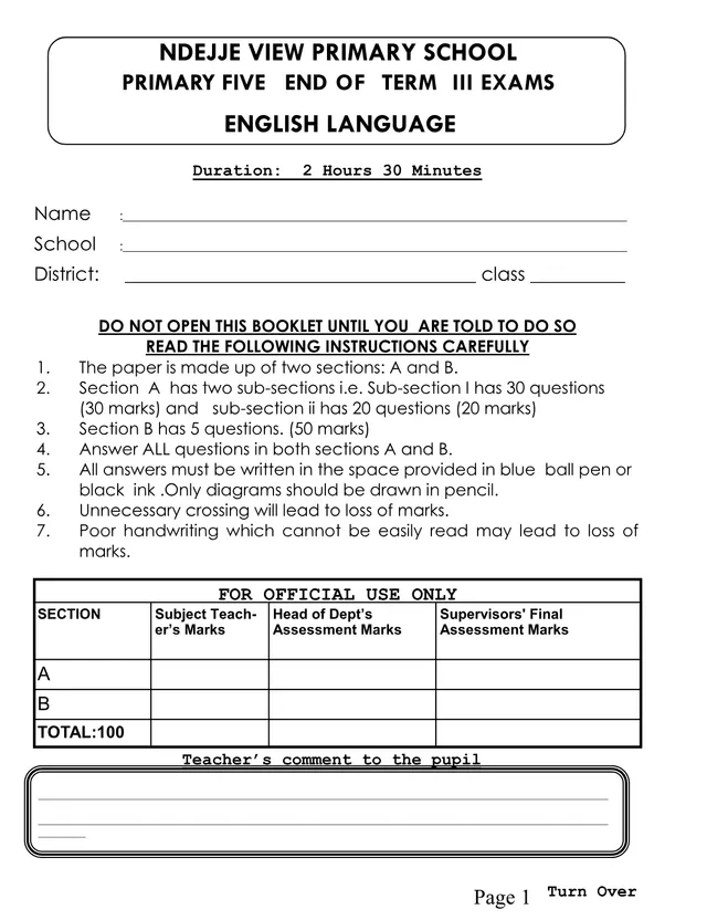 Cover of Primary Five English End of Term III Examination – Ndejje View Primary School (P5 English Past Paper)