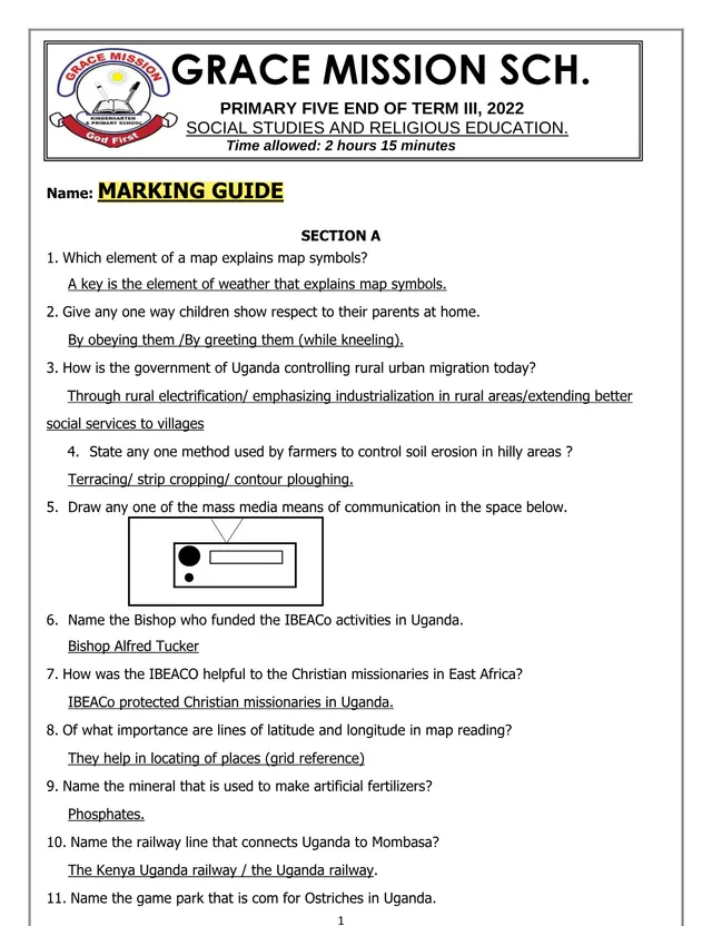 Cover of P.5 Social Studies & RE End of Term III 2022 Marking Guide – Grace Mission School (P5 Social Studies Past Paper)