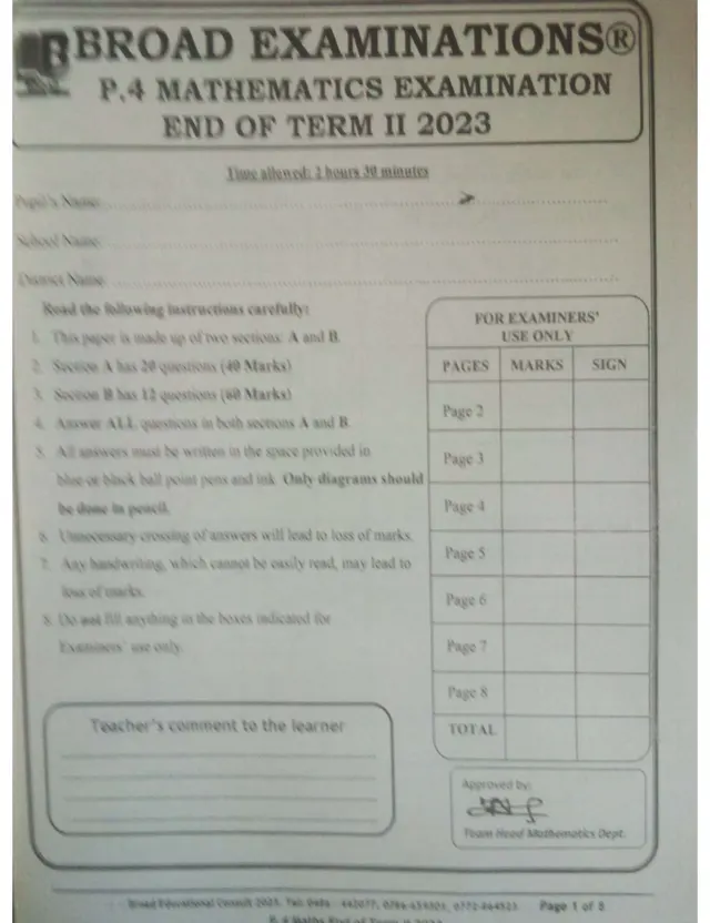 Cover of P.4 Mathematics End of Term II Examination 2023 (Broad Educational Consult) (P4 Mathematics Past Paper)