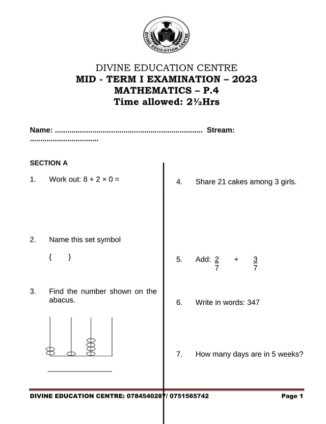 Cover of P.4 Mathematics Mid-Term I Examination 2023 – Divine Education Centre (P4 Mathematics Past Paper)