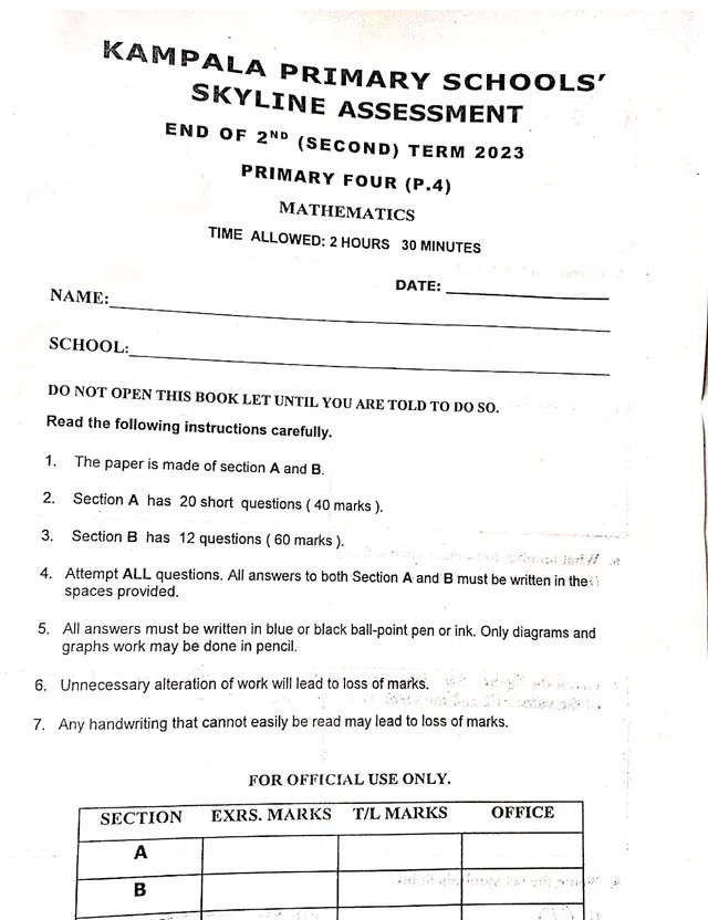 Cover of P4 Mathematics End of Term 2 Exam 2023 – Skyline Assessment, Kampala (P4 Mathematics Past Paper)