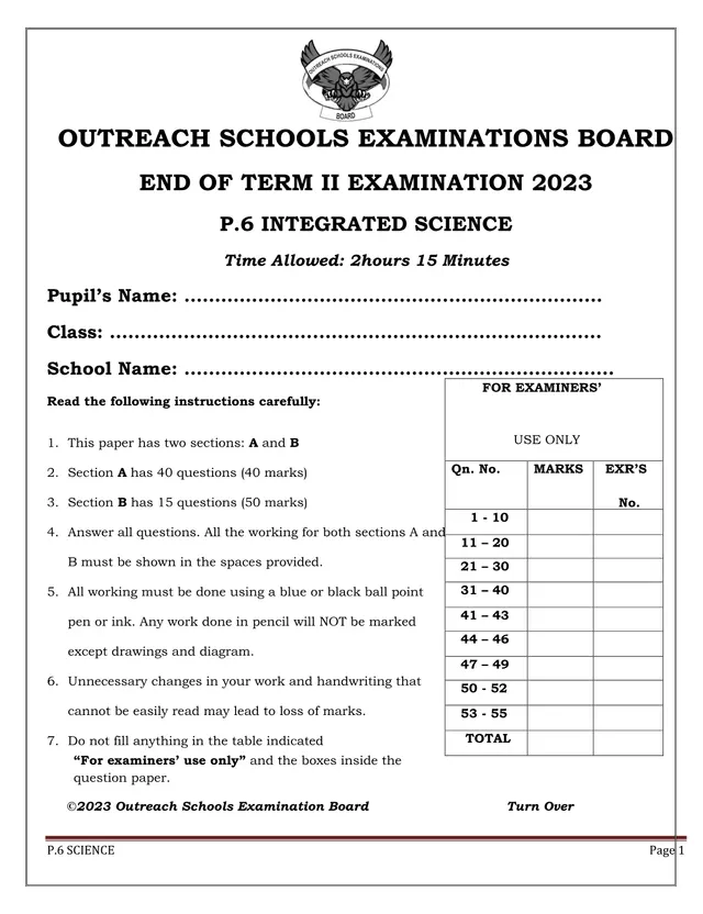Cover of P6 Integrated Science End of Term II Examination 2023 (P5 Science Past Paper)