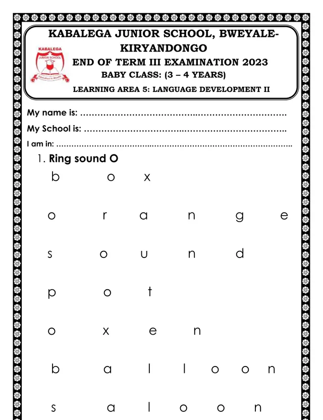 Cover of Baby Class Language Development II End of Term III Exam 2023 – Kabalega Junior School (Baby Literacy Past Paper)