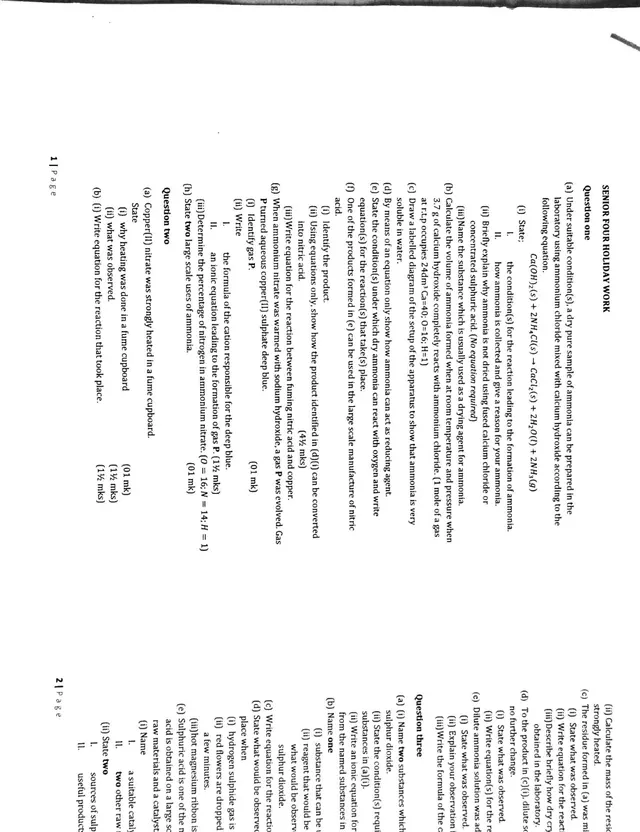 Cover of Senior Four Chemistry Holiday Work: Nitrogen, Sulphur Compounds, Acids and Salts (S4 Chemistry Revision Test)