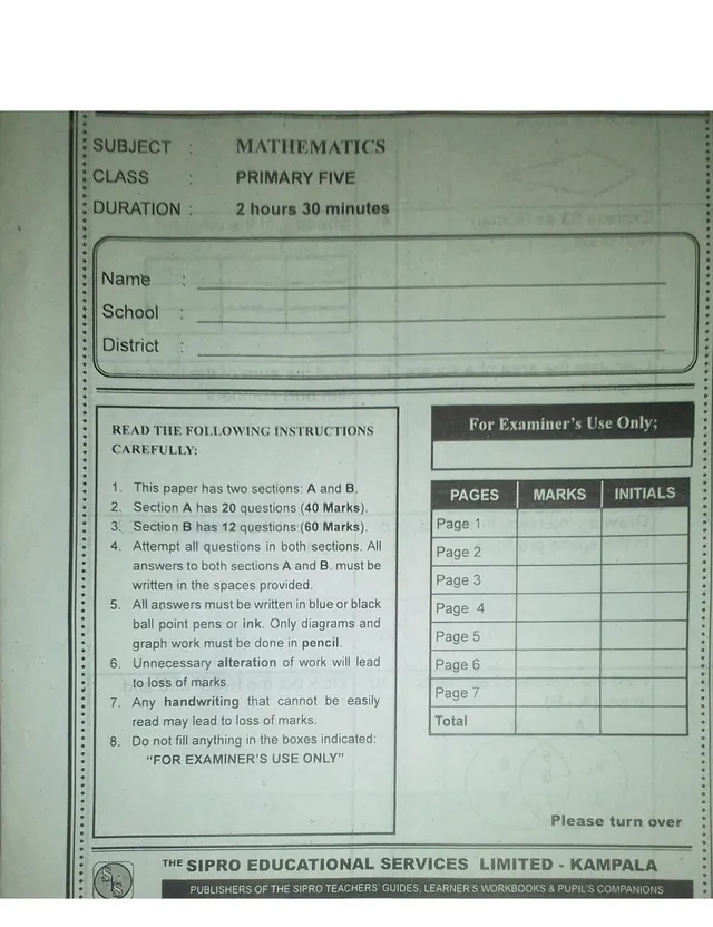 Cover of Sipro P5 Mathematics Mid-Term II Examination 2023 (P5 Mathematics Past Paper)