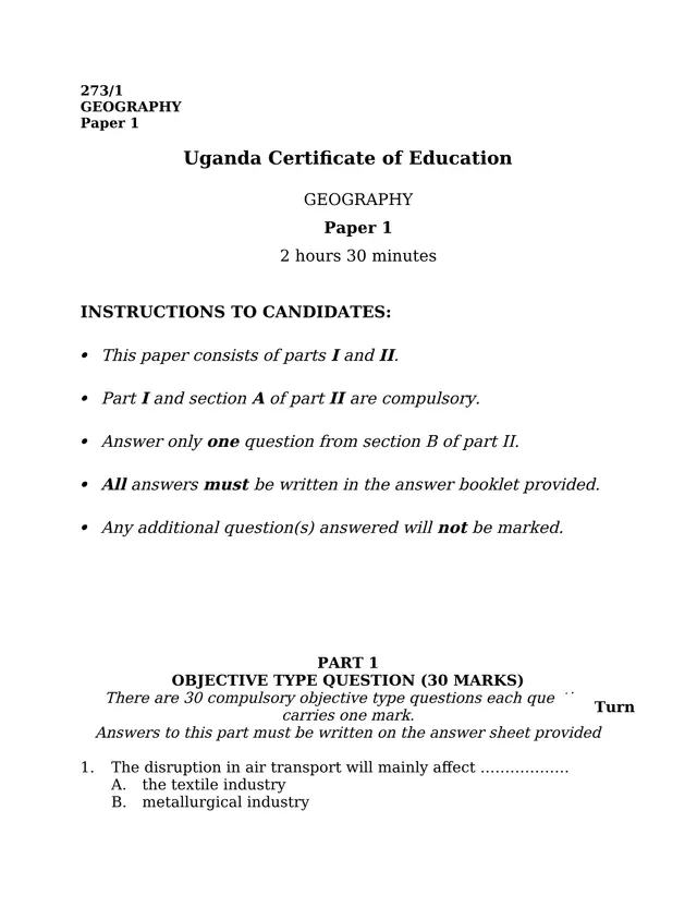 Cover of UCE Geography Paper 1 (273/1): Map Work, Photographs, Fieldwork and East Africa (S4 Geography Past Paper)
