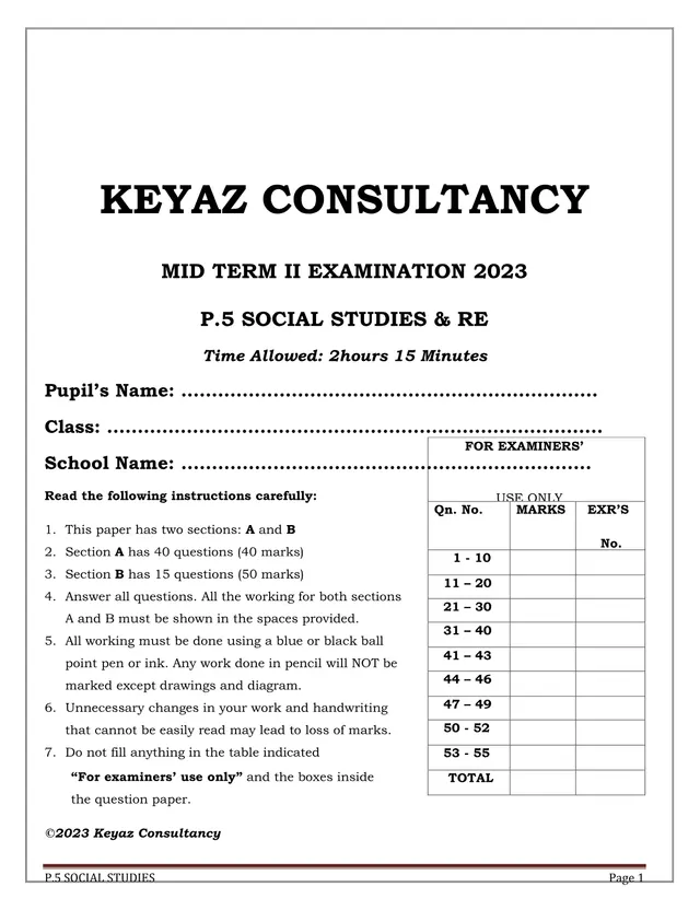 Cover of P.5 Social Studies & RE Mid Term II Examination 2023 (P5 Social Studies Past Paper)