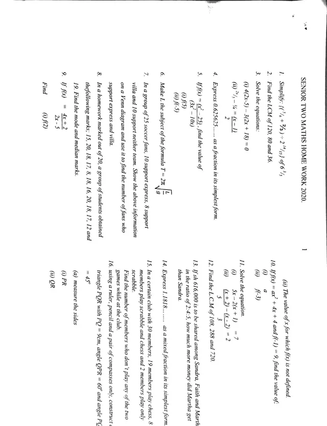 Cover of Senior Two Mathematics Homework 2020 (S2 Mathematics Revision Test)