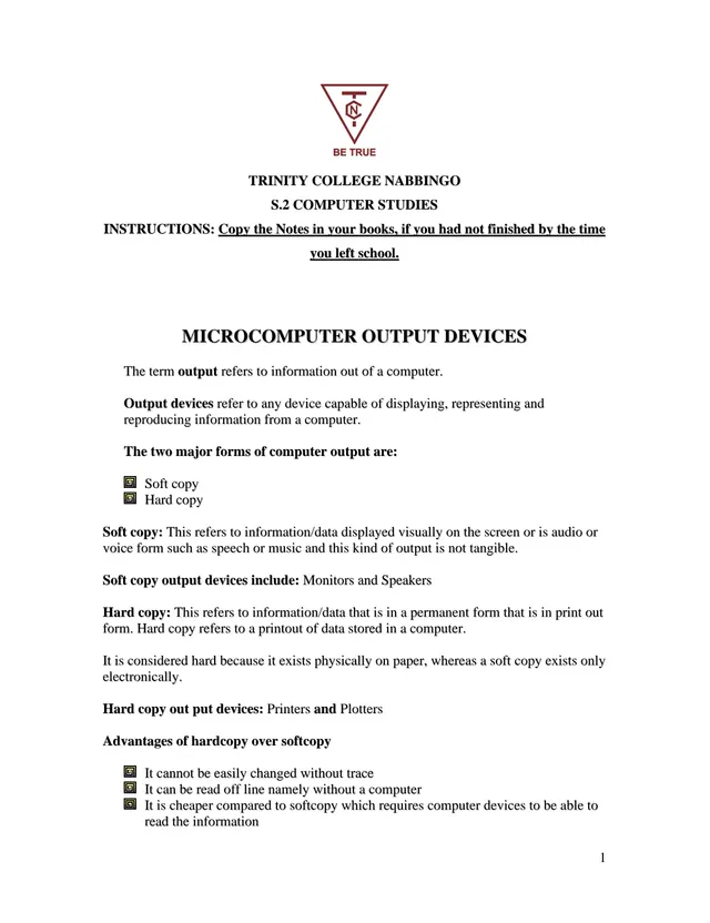 Cover of Senior 2 Computer Studies Notes: Output Devices (S2 Computer Studies Notes)