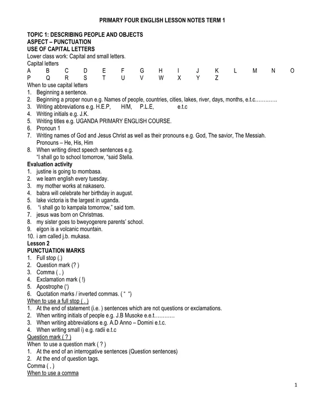 Cover of Primary Four English Lesson Notes – Term 1 (P4 English Notes)