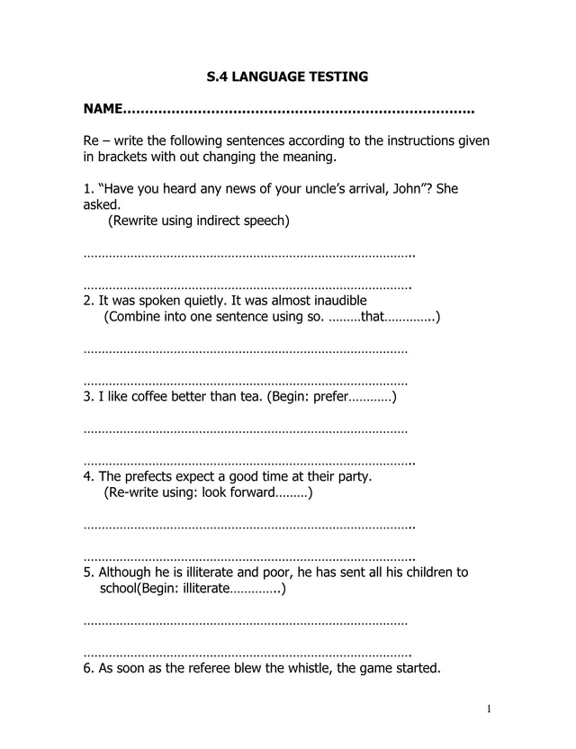 Cover of Senior 4 English Language Tests: Grammar and Sentence Transformation (S4 English Assessment)