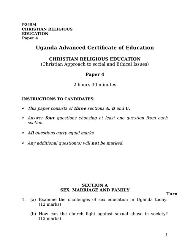 Cover of UACE Christian Religious Education Paper 4 (P245/4): Social and Ethical Issues (Religious Education Past Paper)