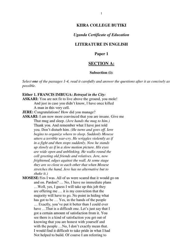 Cover of Kiira College Butiki UCE Literature in English Paper 1 – Set W (S4 Literature Past Paper)