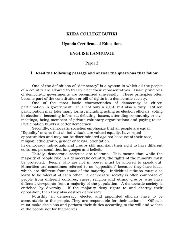 Cover of English Language Paper 2 (UCE) Set R – Kiira College Butiki (P2 English Past Paper)