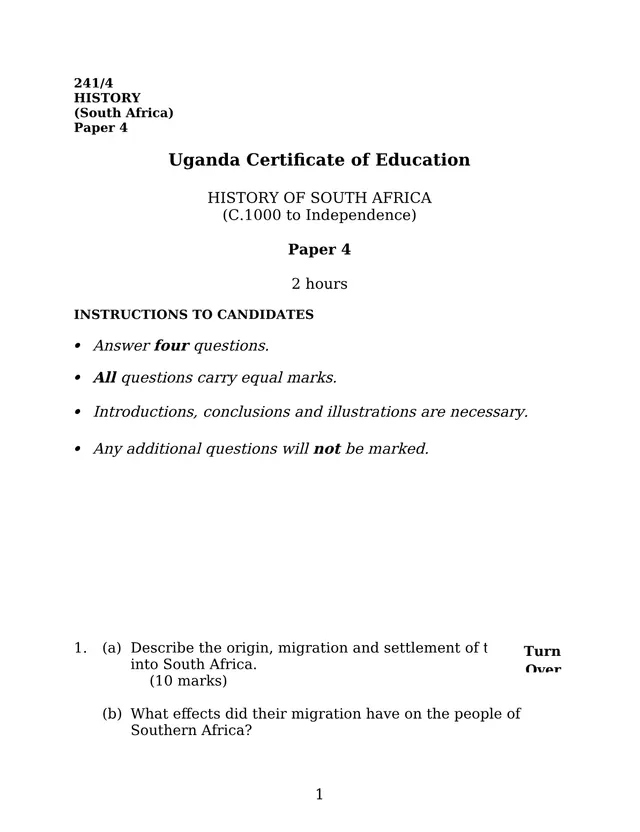 Cover of UCE History Paper 4 (241/4): History of South Africa c.1000 to Independence (S4 History Past Paper)