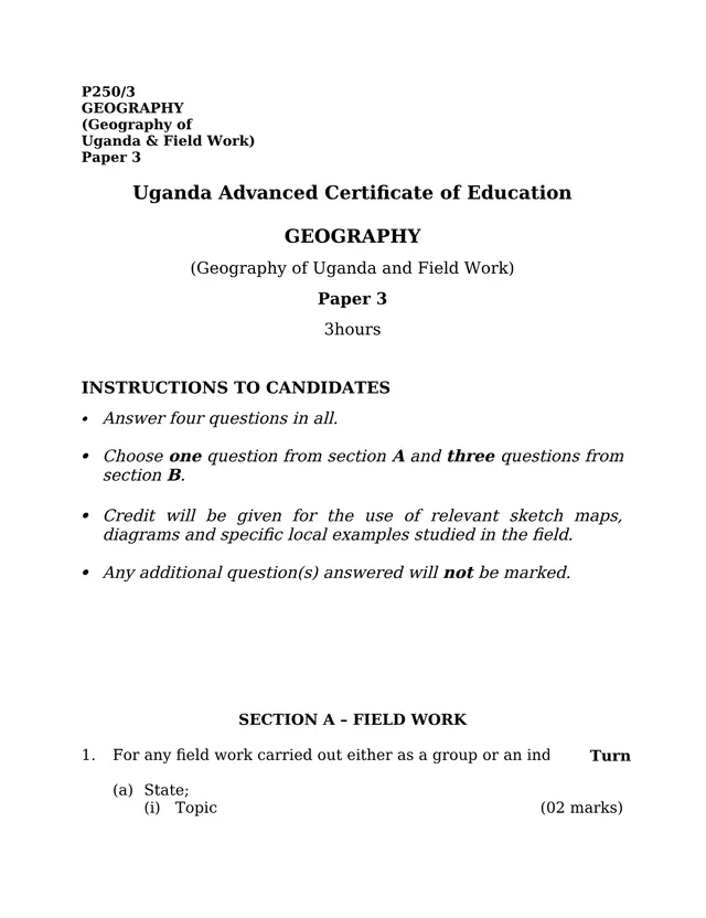 Cover of UACE Geography Paper 3 (P250/3): Geography of Uganda and Field Work (S6 Geography Past Paper)