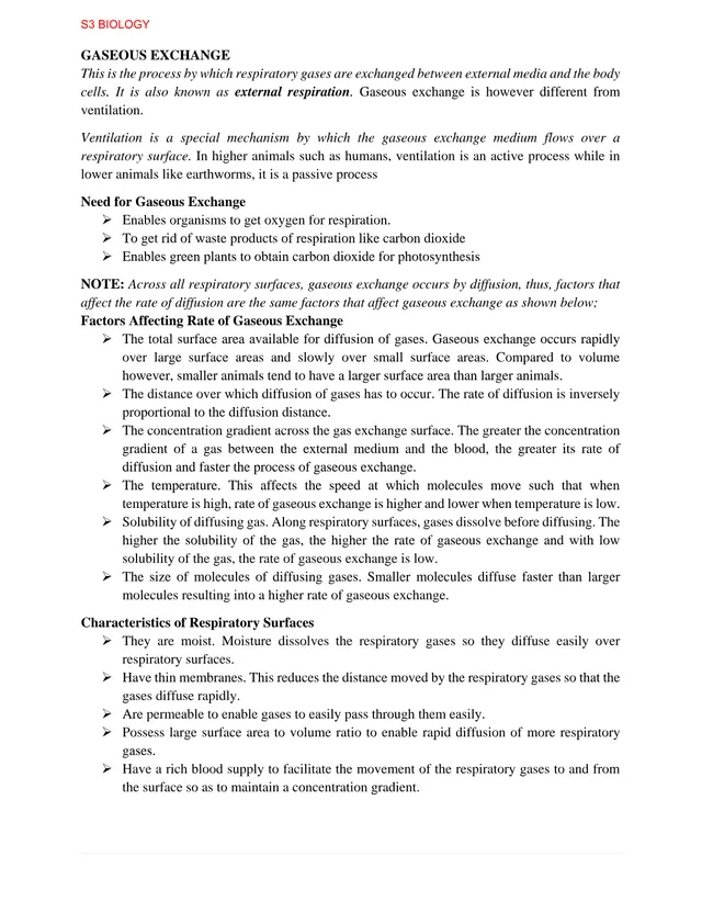 Cover of Gaseous Exchange – S3 Biology Notes (S3 Biology Notes)