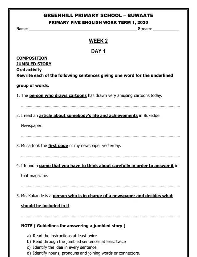 Cover of Primary Five English Work, Term 1 2020 – Greenhill Primary School (P5 English Past Paper)