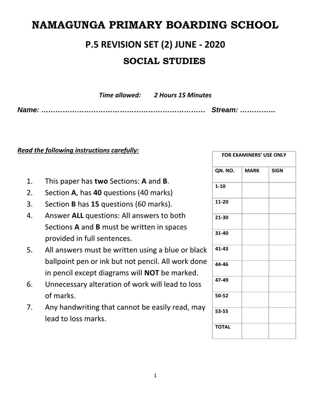 Cover of Namagunga Primary Boarding School P.5 Social Studies Revision Set 2, June 2020 (P5 Social Studies Past Paper)