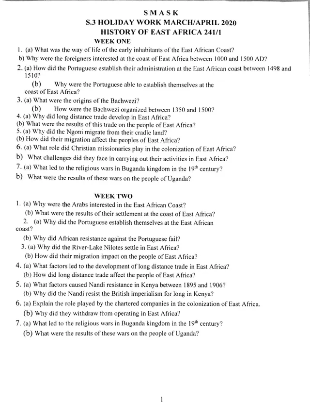 Cover of S3 History of East Africa Holiday Work, March/April 2020 (241/1) (S3 History Revision Test)