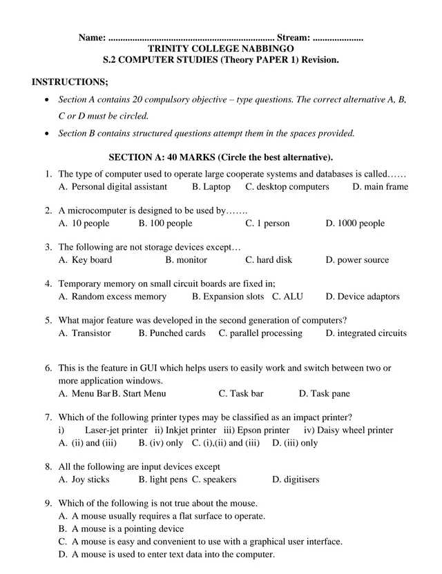Cover of Senior 2 Computer Studies Theory Paper 1 Revision Questions (S2 Computer Studies Revision Material)