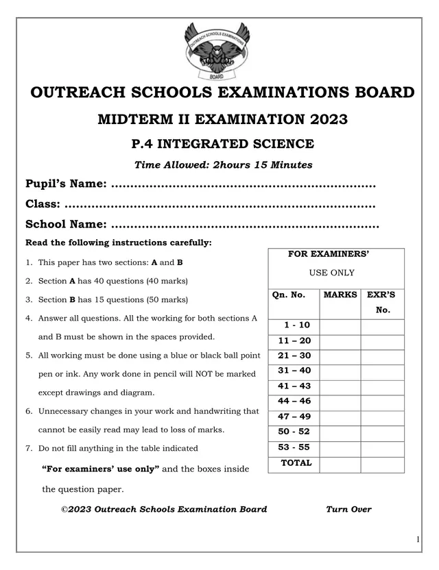 Cover of P4 Integrated Science Midterm II Examination 2023 (P4 Science Past Paper)
