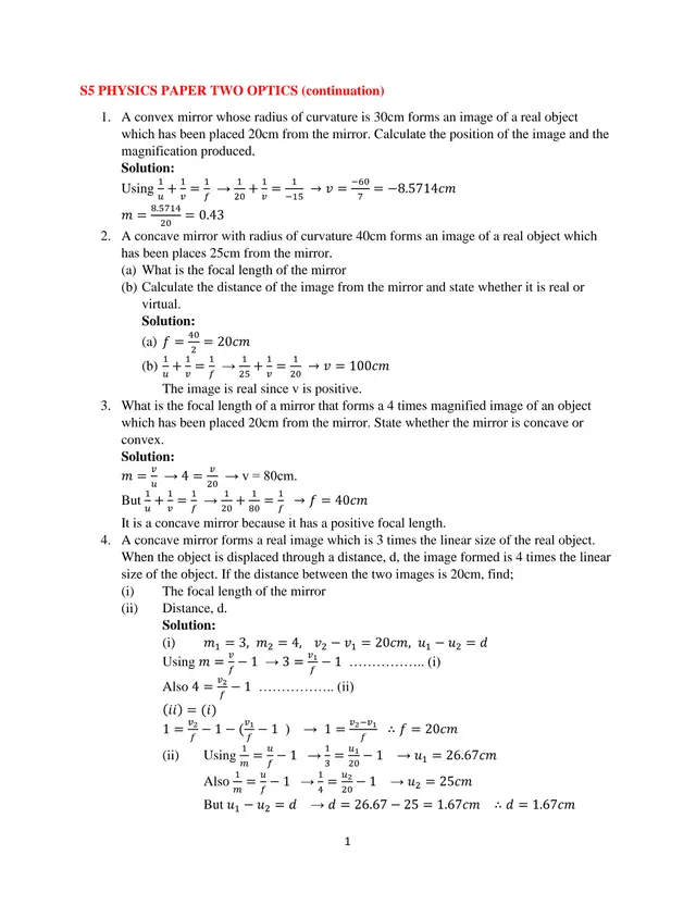 Cover of S5 Physics Paper Two Optics Notes: Curved Mirrors and Refraction (Continuation) (S5 Physics Past Paper)