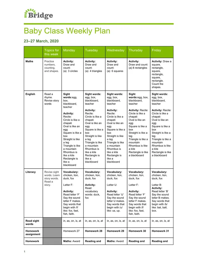 Cover of Baby Class Weekly Activity Plan: Shapes, Counting, Sight Words and Letter Sounds (March 2020) (Baby Mathematics Holiday Package)