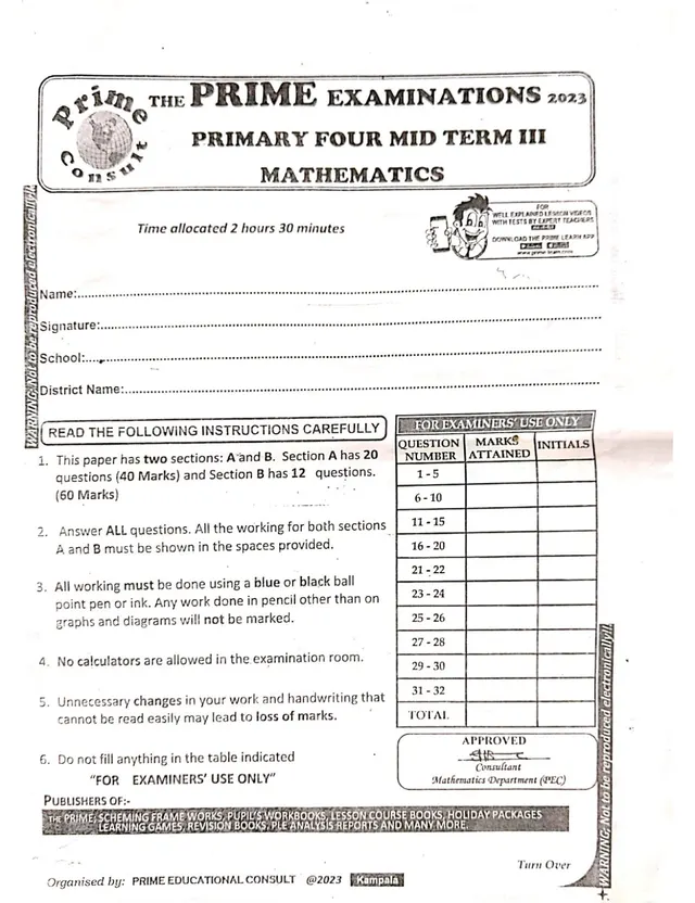 Cover of Primary Four Mathematics Mid Term III Examination 2023 (P4 Mathematics Past Paper)