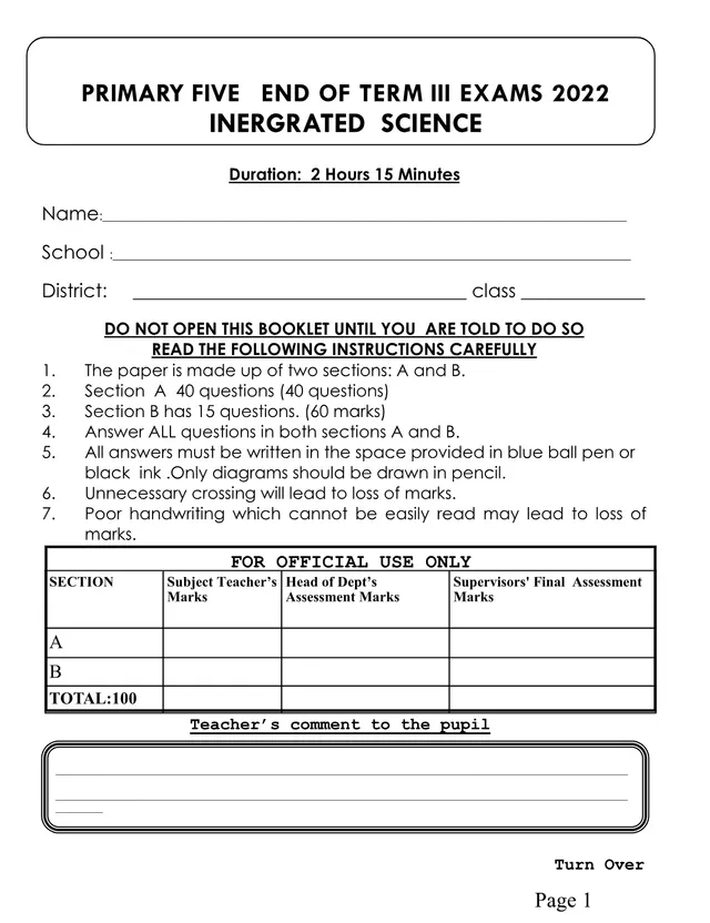 Cover of Primary Five Integrated Science End of Term III Examination 2022 (P5 Science Past Paper)