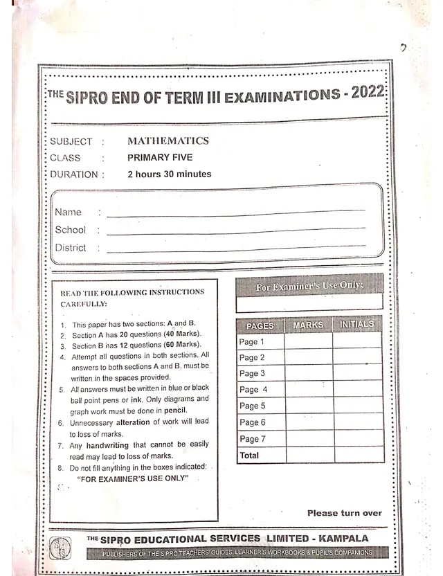 Cover of Sipro Primary Five Mathematics End of Term III Examination 2022 (P5 Mathematics Past Paper)