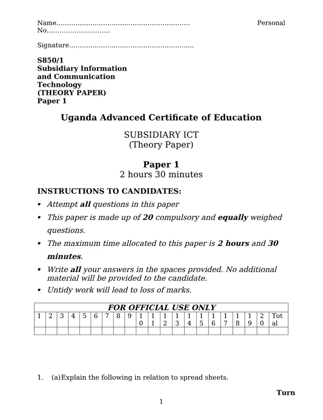 Cover of UACE Subsidiary ICT Paper 1 (S850/1) Theory Question Paper (Computer Studies Past Paper)